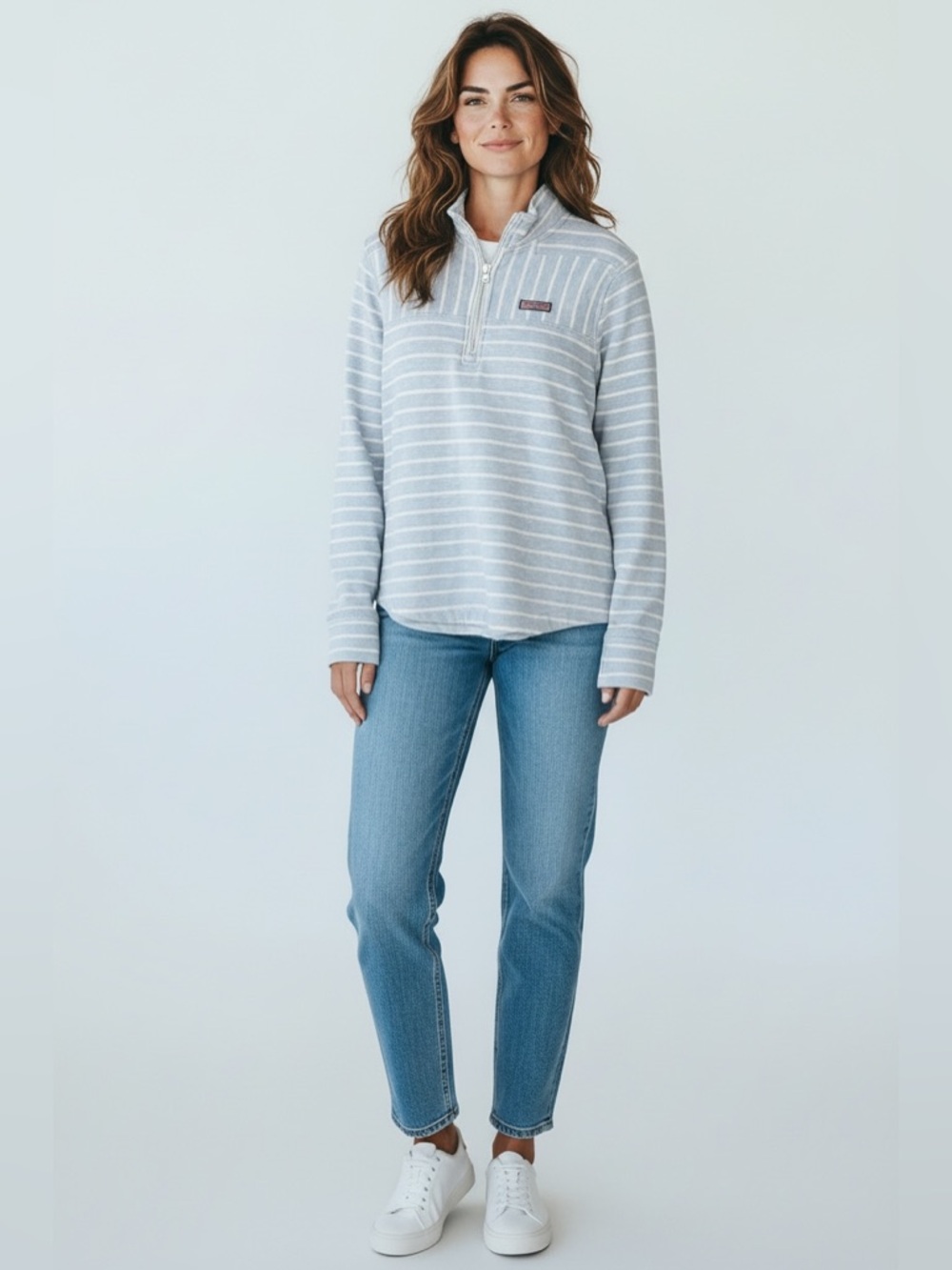 Vineyard Vines Light Gray & White Striped Half-Zip Pullover